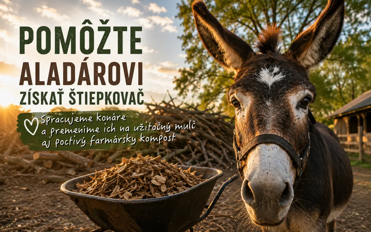 Pomôžte somárikovi Aladárovi získať štiepkovač pre náš Vidiecky sen