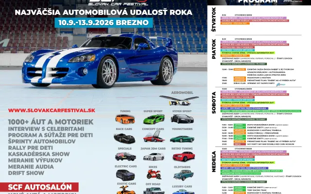 Jazda v 1000 koňovom automobile VIPER VENOM HENNESSY, 2 x vstup na SCF 2026, 2 x vstup do múzea