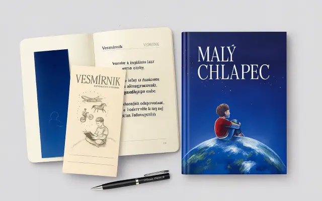 Kniha Malý chlapec + zvedavý zošit Vesmírnik + záložka Malý chlapec + Pero s podpisom "Milan Štefánik"