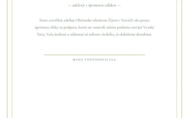 Poďakovanie e-mailom a certifikát "Srdcom tatranec"