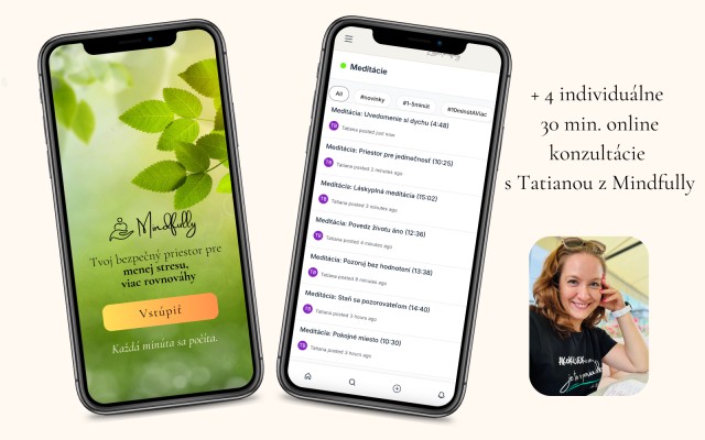 12-mesačný prístup do aplikácie - časti Zdarma a Mindfully Klub + 4 individuálne 30 min. online konzultácie s Tatianou z Mindfully