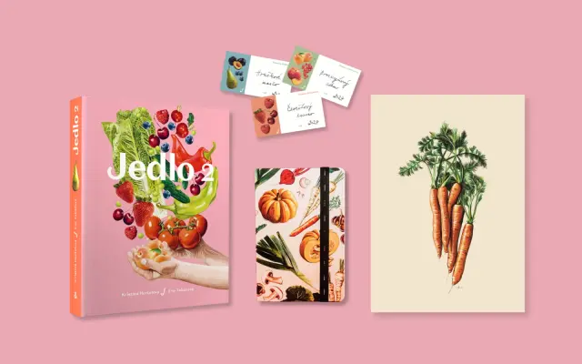 Žufetka jedlý balíček: Jedlo 2 + nálepky na džemy + zápisník remini + zeleninový print